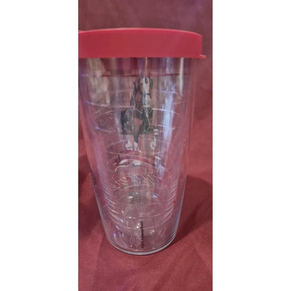 VTG Tervis Tumbler Budweiser Clydesdales 16oz Travel Cup Mug Red Lid Beer EUC